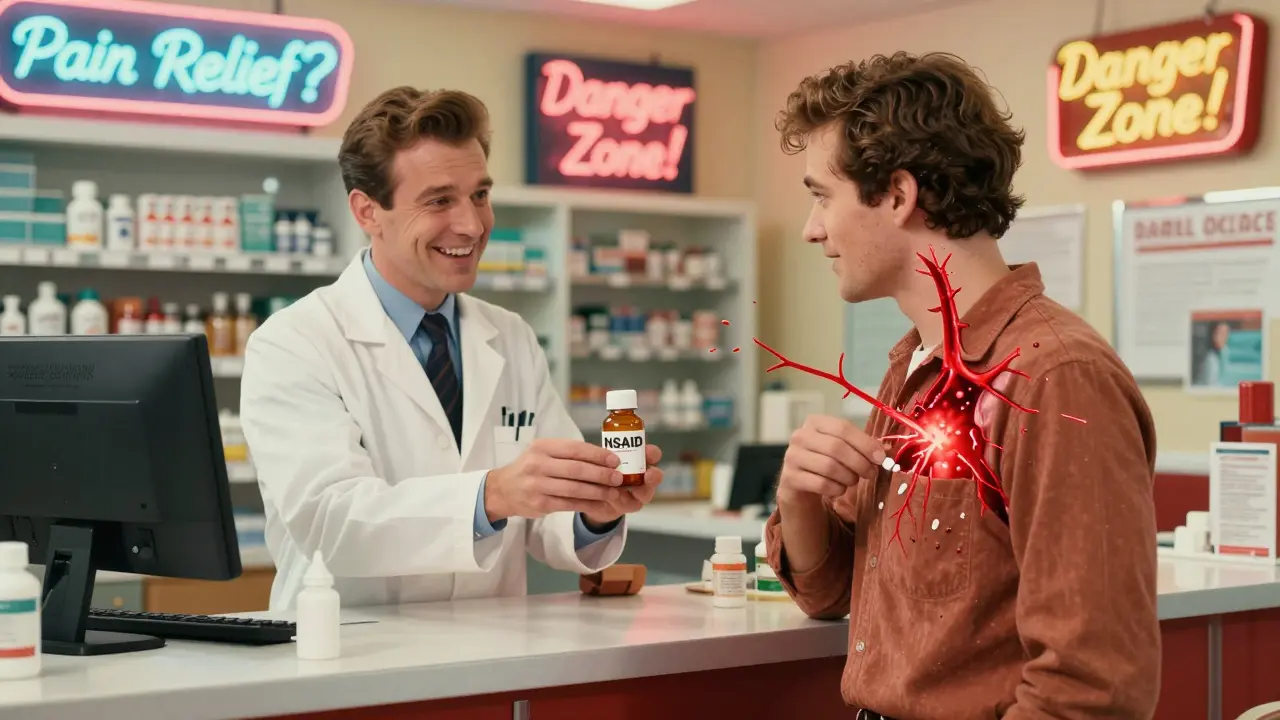 Pharmacien offrant un médicament contenant un NSAID à un patient sous anticoagulant, des fuites de sang visibles dans son corps.