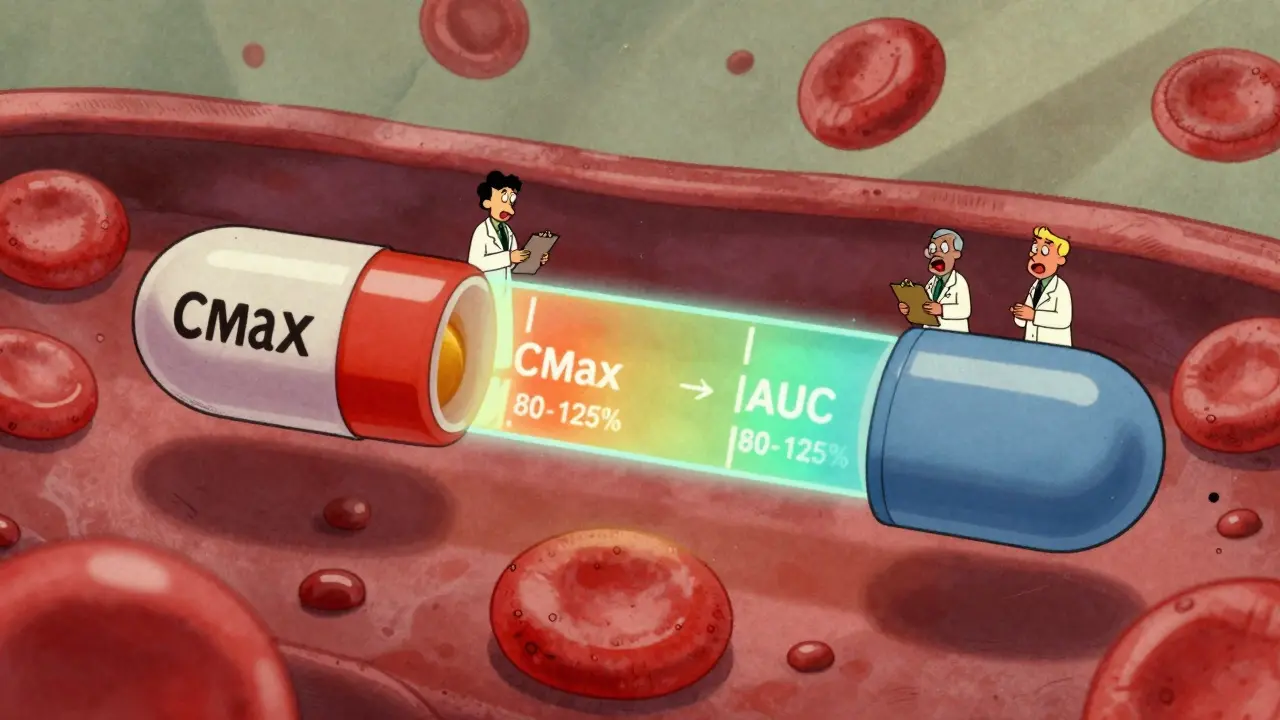 Représentation cartoon d'une molécule générique et d'une molécule de marque dans le sang, mesurées par des scientifiques miniatures.
