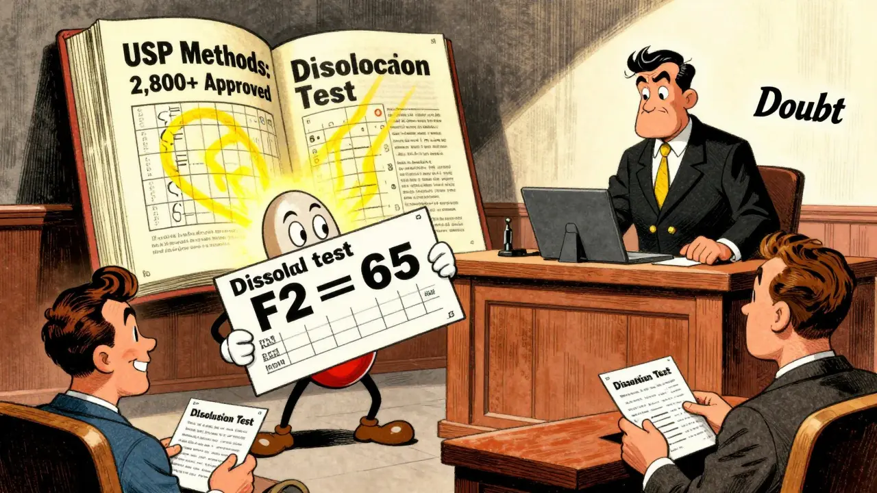 Scène cartoon d'un procès où un test de dissolution défend un médicament générique devant un juge.