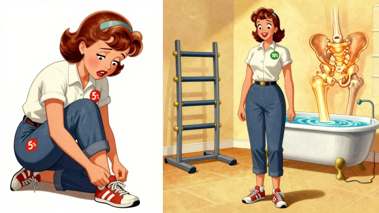 Scène divisée : femme fatiguée à gauche avec '5 %', la même femme heureuse à droite avec '10 %' et un joint de hanche en bonne santé.