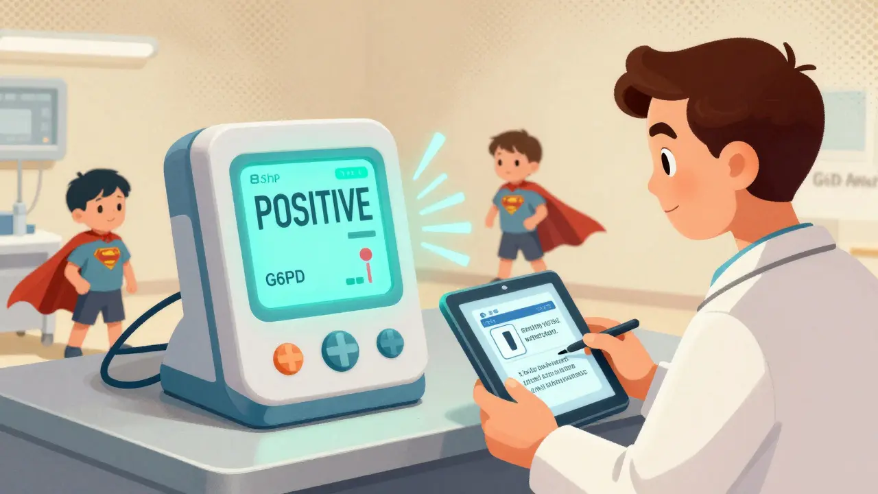 Un appareil de test G6PD rapide qui bloque un médicament dangereux et propose une alternative sûre, dans un style cartoon vintage.