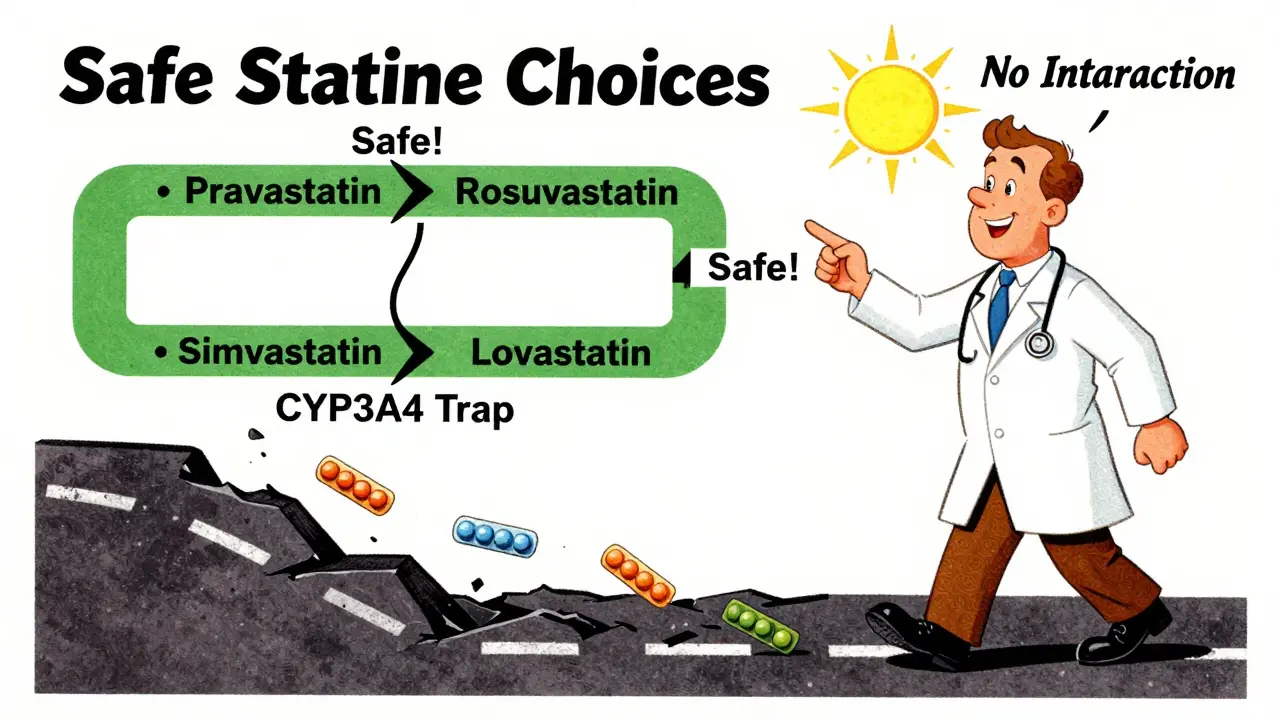 Un médecin montre un chemin sûr vers des statines sécurisées, tandis que d'autres tombent dans un piège, style cartoon vintage.