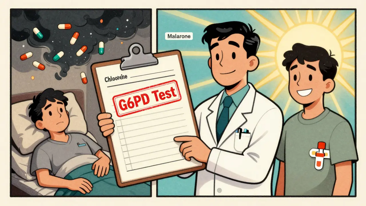 Un patient avec un bracelet d'alerte médicale et un médecin qui lui montre des traitements sûrs, dans un style cartoon rétro.