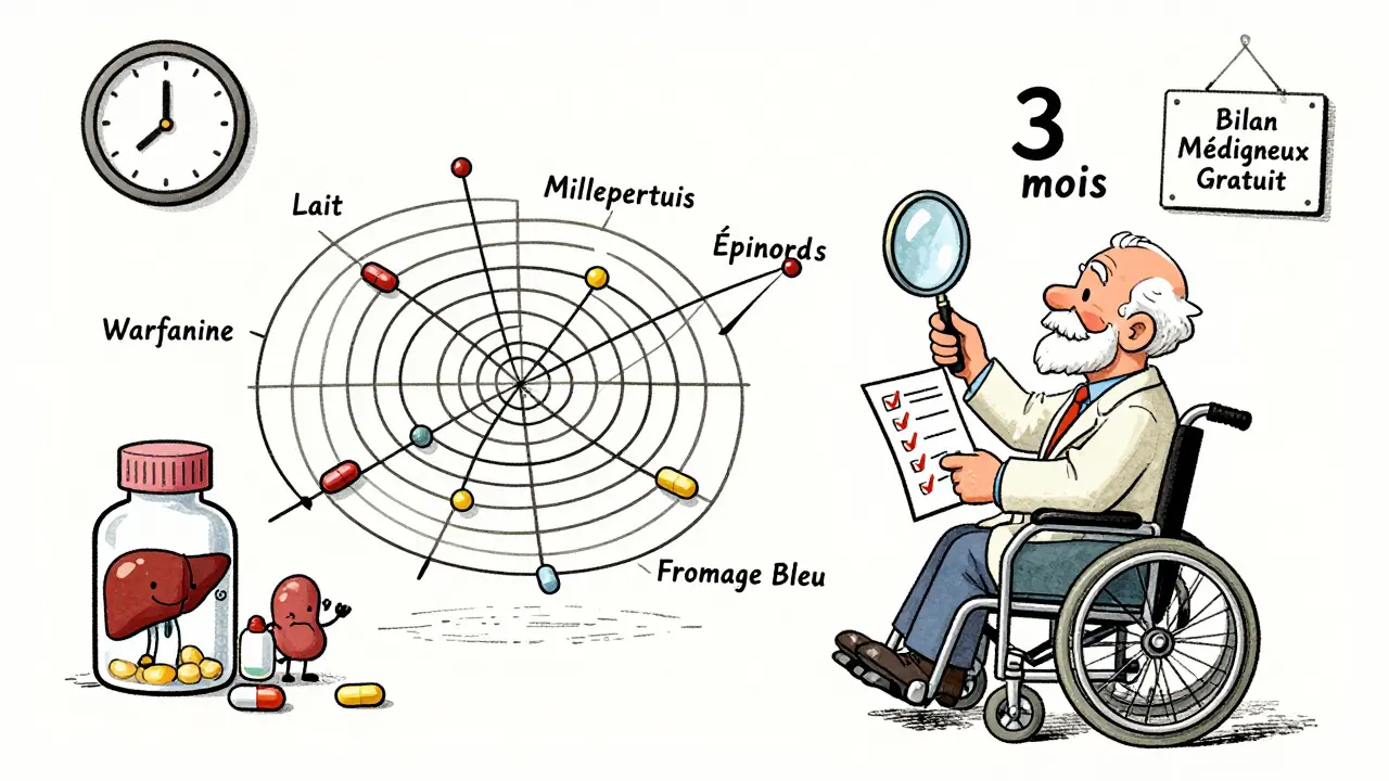 Un pharmacien examine une toile complexe d'interactions médicamenteuses avec un patient âgé, entouré d'aliments et de suppléments.