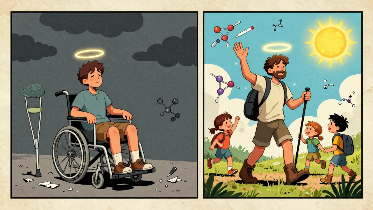 Avant et après le traitement anti-TNF : patient en fauteuil roulant vs patient en randonnée, avec des molécules joyeuses dans le ciel.