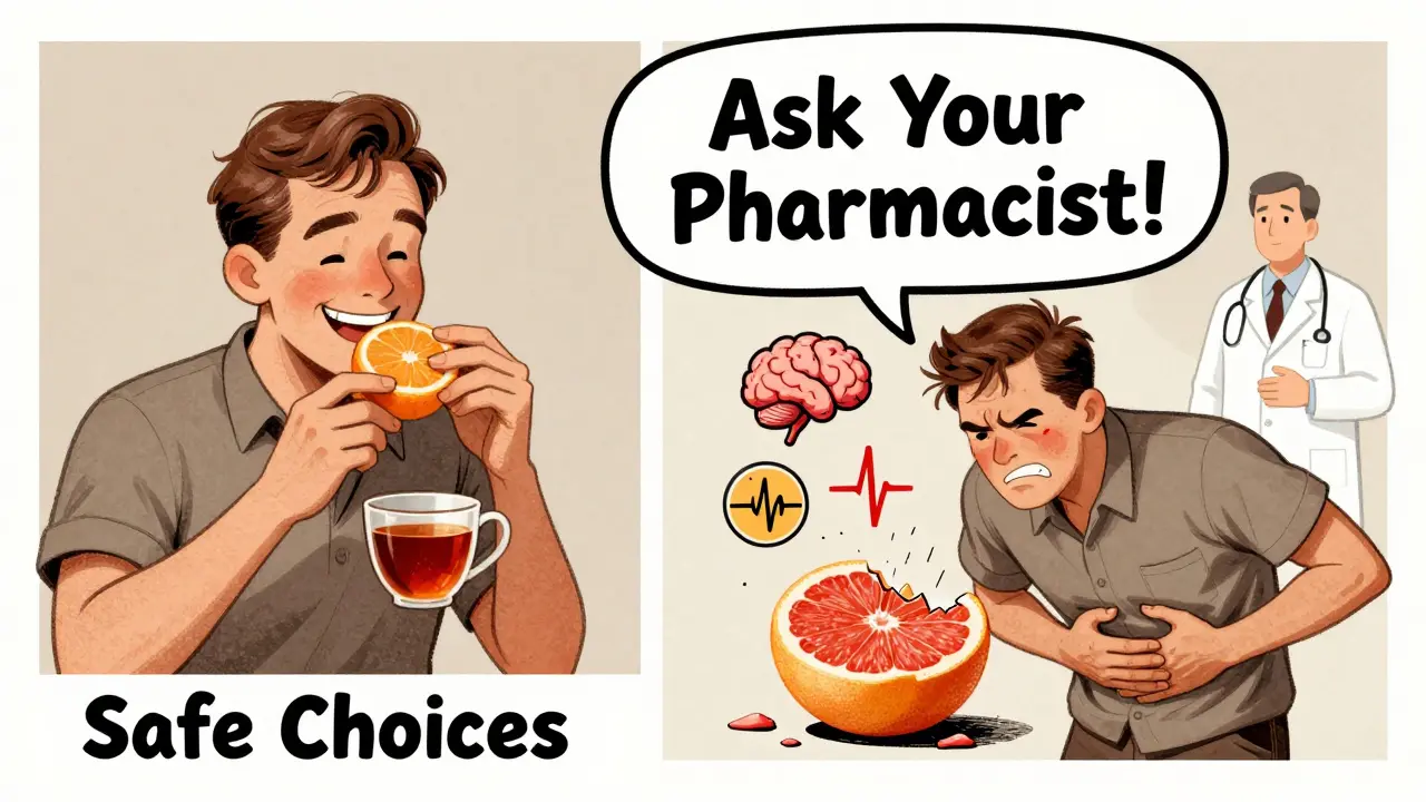 Comparaison cartoon : une orange sûre à gauche, un pamplemousse dangereux à droite, avec des symboles de risques médicaux.