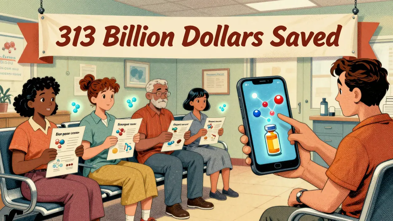 Des patients dans une salle d'attente regardent des infographies qui affichent des molécules en réalité augmentée au-dessus d'un comprimé.