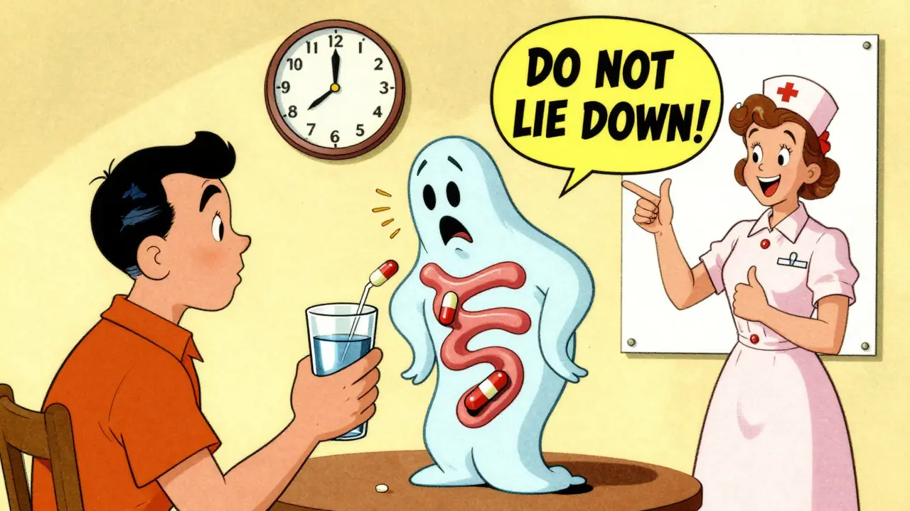 Patient debout après avoir pris un comprimé d'ostéoporose, avec un avertissement contre le repos.