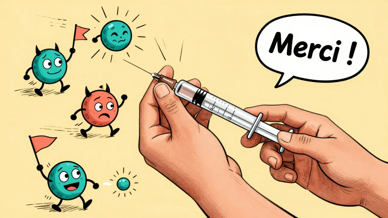 Patient s'injectant un médicament anti-TNF, les molécules TNF s'enfuyant en criant, dans un style cartoon rétro.