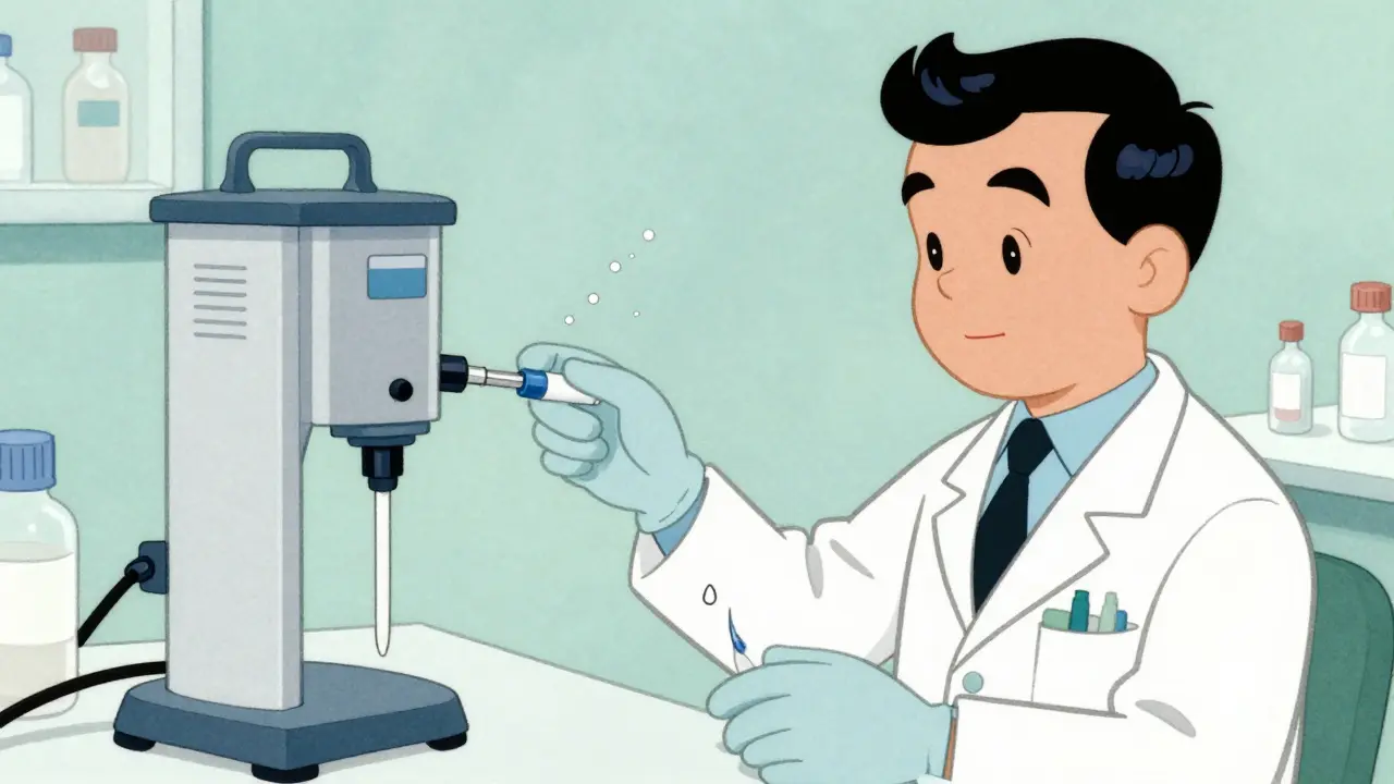 Pharmacien manipulant des médicaments cytotoxiques avec système fermé, particules en suspension.