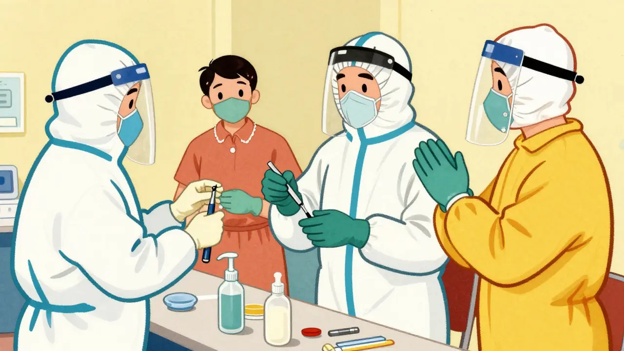 Travailleurs en formation utilisant des EPI contre les médicaments dangereux.