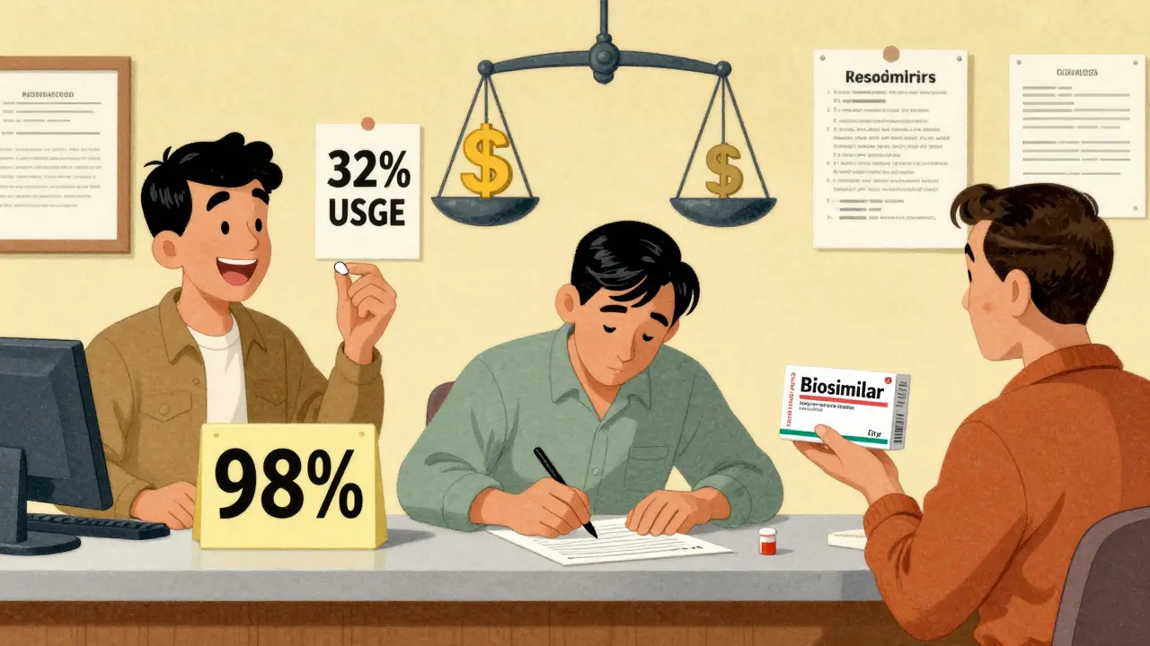 Trois patients dans une pharmacie : l'un prend un générique sans autorisation, l'autre signe un formulaire, le troisième face à un labyrinthe de papier pour un biosimilaire.