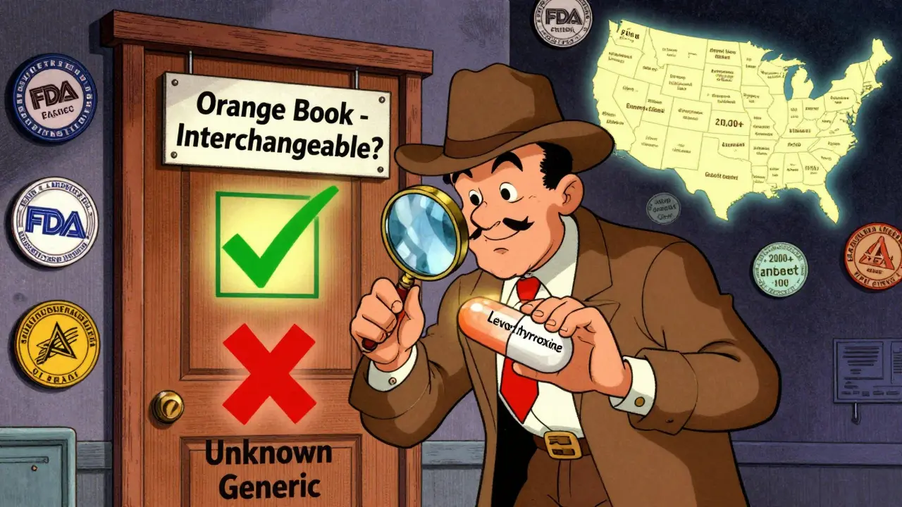 Un détective examine une pilule entre deux portes marquées 'Équivalent' et 'Inconnu'.