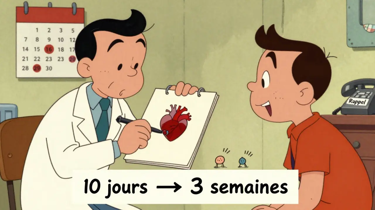 Un médecin dessine un cœur avec des tuyaux sur un papier, accompagné d'une ligne du temps et d'icônes de symptômes qui disparaissent.