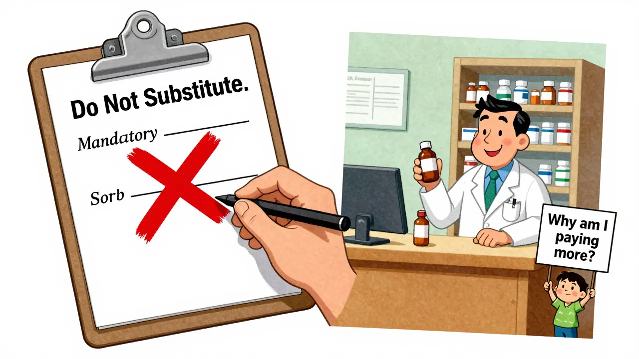 Un médecin rédige une ordonnance avec deux lignes, tandis qu'un pharmacien remplace automatiquement un médicament dans un État à substitution obligatoire.