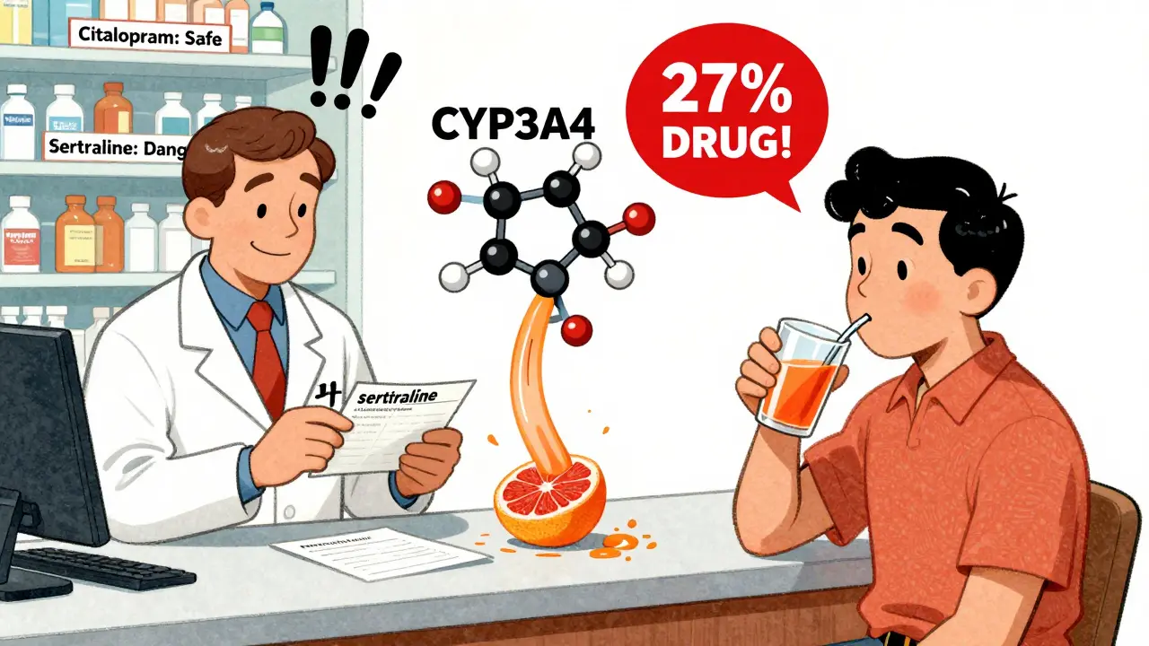 Un patient boit du jus de pamplemousse avec de la sertraline, tandis qu'un diagramme moléculaire montre une augmentation dangereuse.