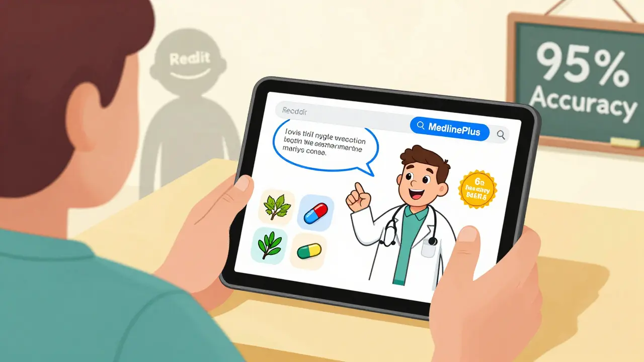 Un patient consulte MedlinePlus sur une tablette, guidé par un médecin cartoon simplifié.