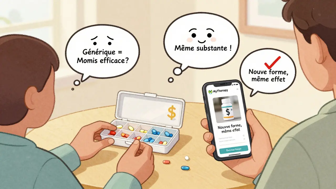 Un patient utilise un organiseur de pilules avec une application mobile qui montre une note rassurante sur un nouveau générique.