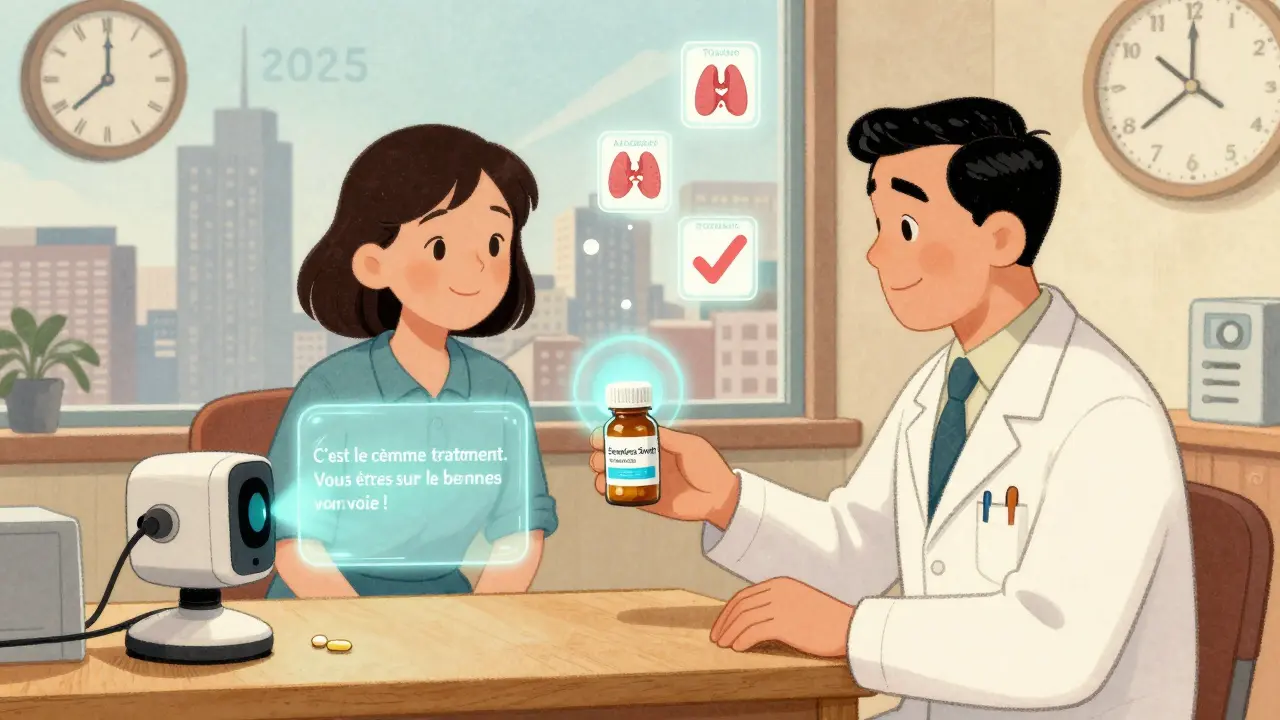 Un pharmacien remet un générique avec un label 'Seamless Switch', tandis qu'une caméra AI projette un message rassurant au patient.