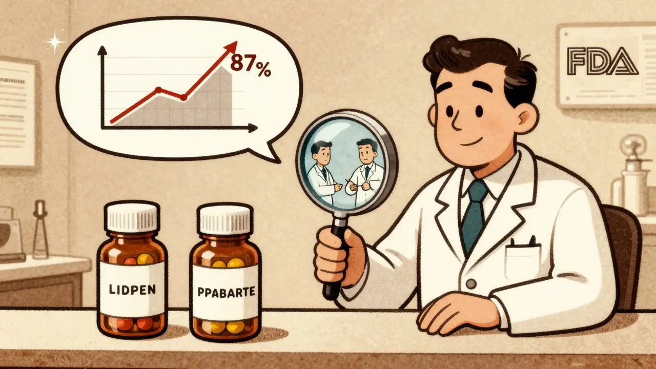 Un pharmacien utilise une loupe pour montrer que les contrôles de qualité sont identiques pour les médicaments de marque et génériques.