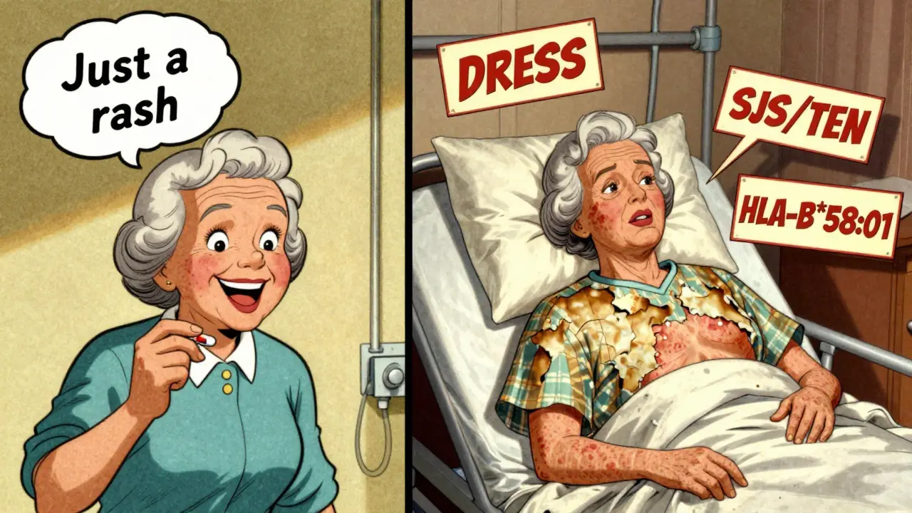 Une femme en milieu hospitalier avec une peau qui se détache, comparée à sa prise de médicament précédente.