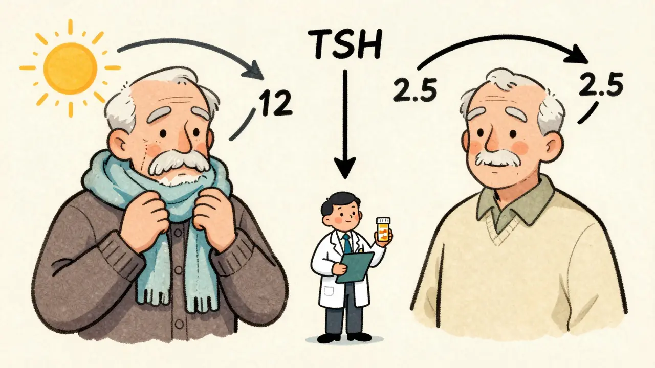 Avant et après traitement de l'hypothyroidisme, montrant un homme frissonnant puis heureux avec un indicateur TSH.