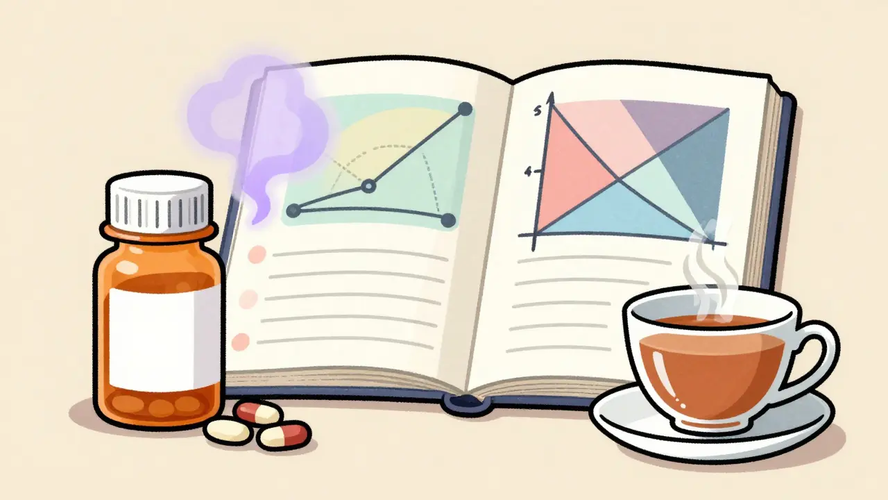 Balance entre pilules de sommeil et carnet de thérapie, dessin ancien coloré.