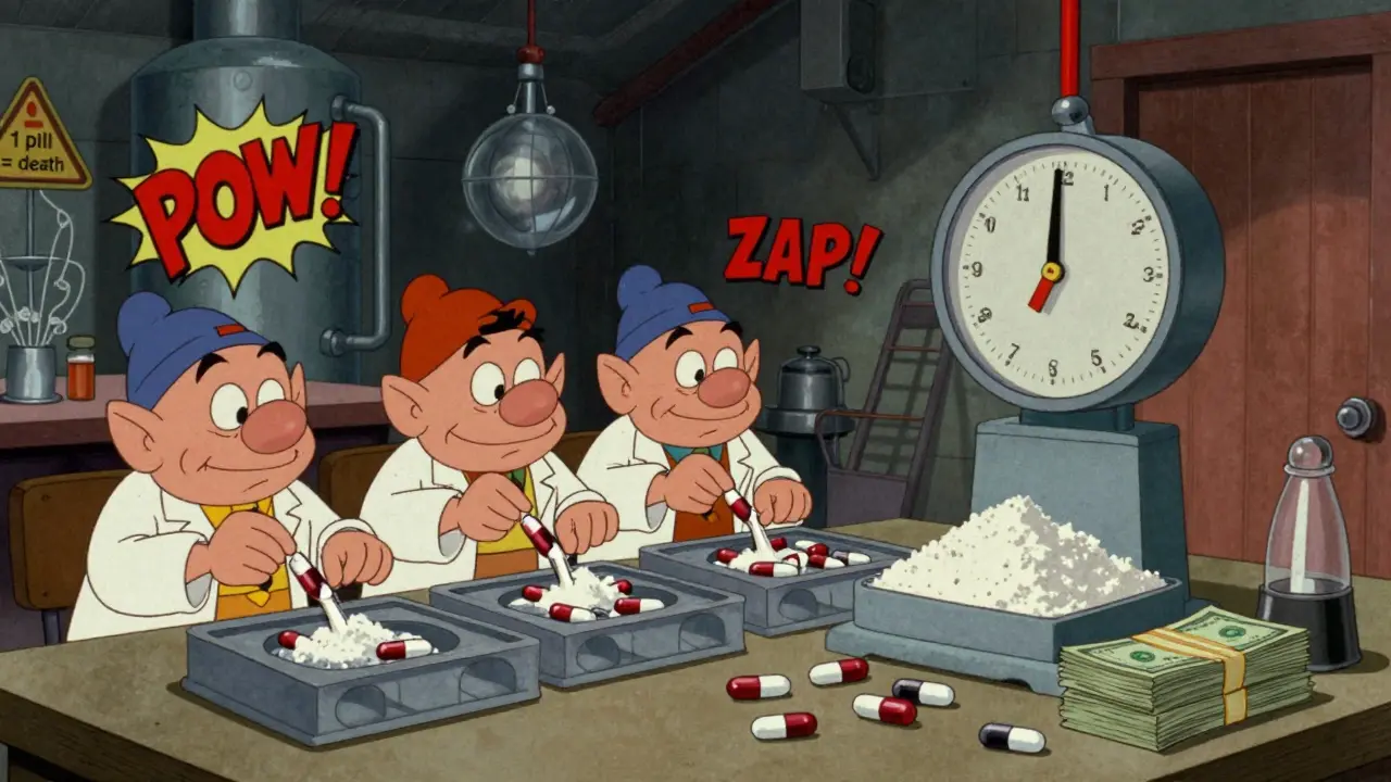 Des gnomes dans un laboratoire clandestin fabriquant des pilules contrefaites, avec des étiquettes de médicaments et un grand sac d'argent.