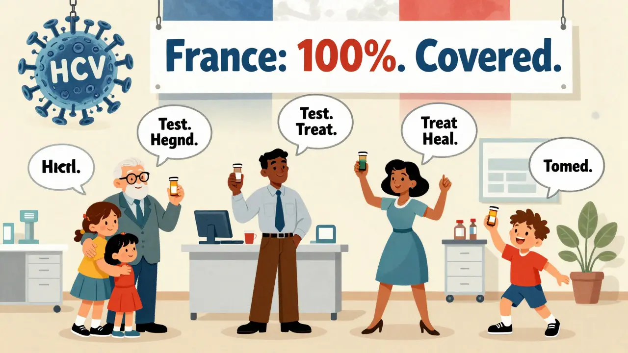 Des personnes heureuses après guérison de l'hépatite C, avec une bouteille de pilule et un foie en bonne santé.
