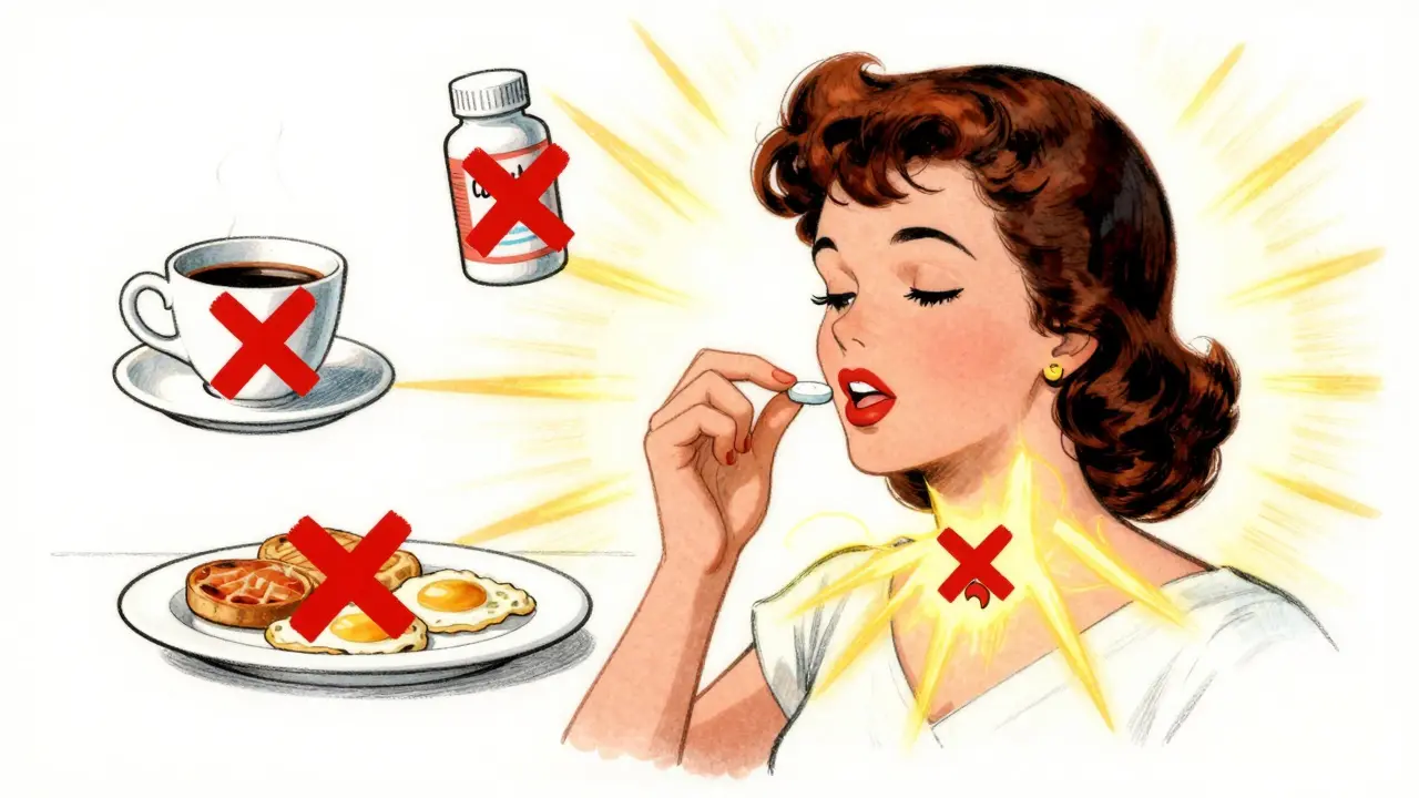 Femme prenant une pilule à jeun au lever, entourée d'objets interdits comme le café et les compléments.