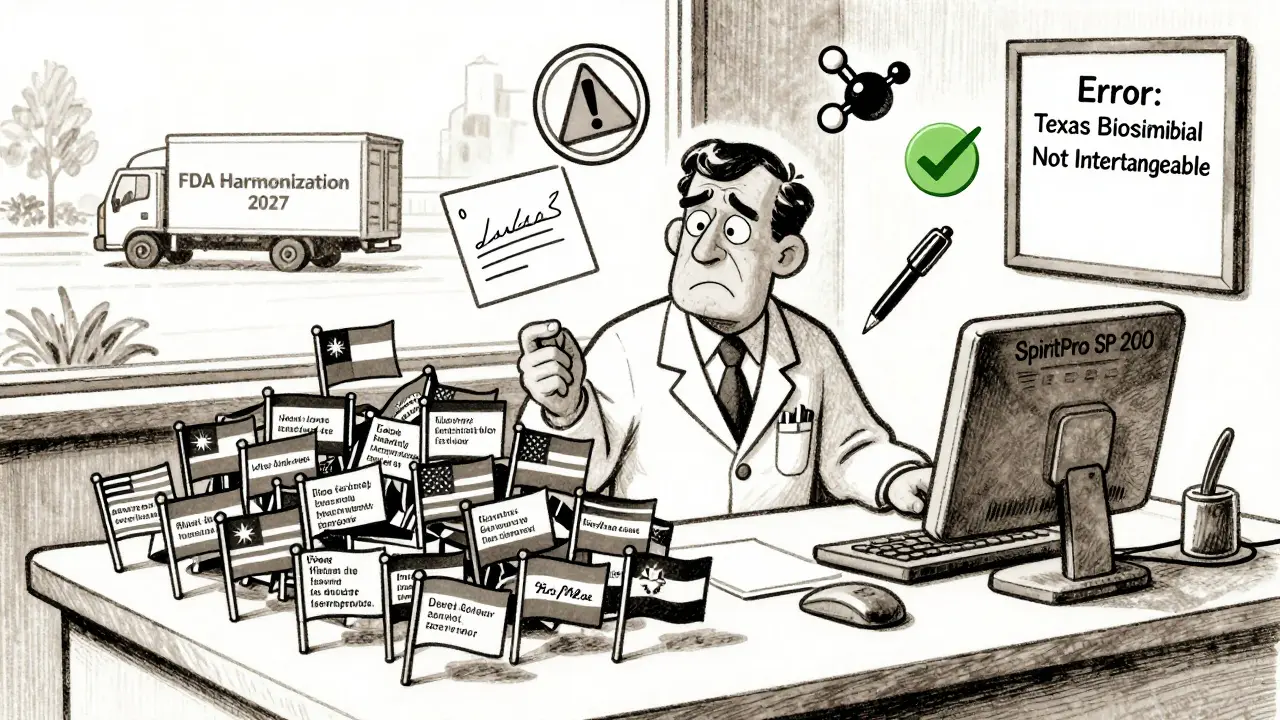 Pharmacien dépassé par 51 règles d'État différentes, entouré d'icônes de notification, consentement et erreur, avec un écran de système de substitution.