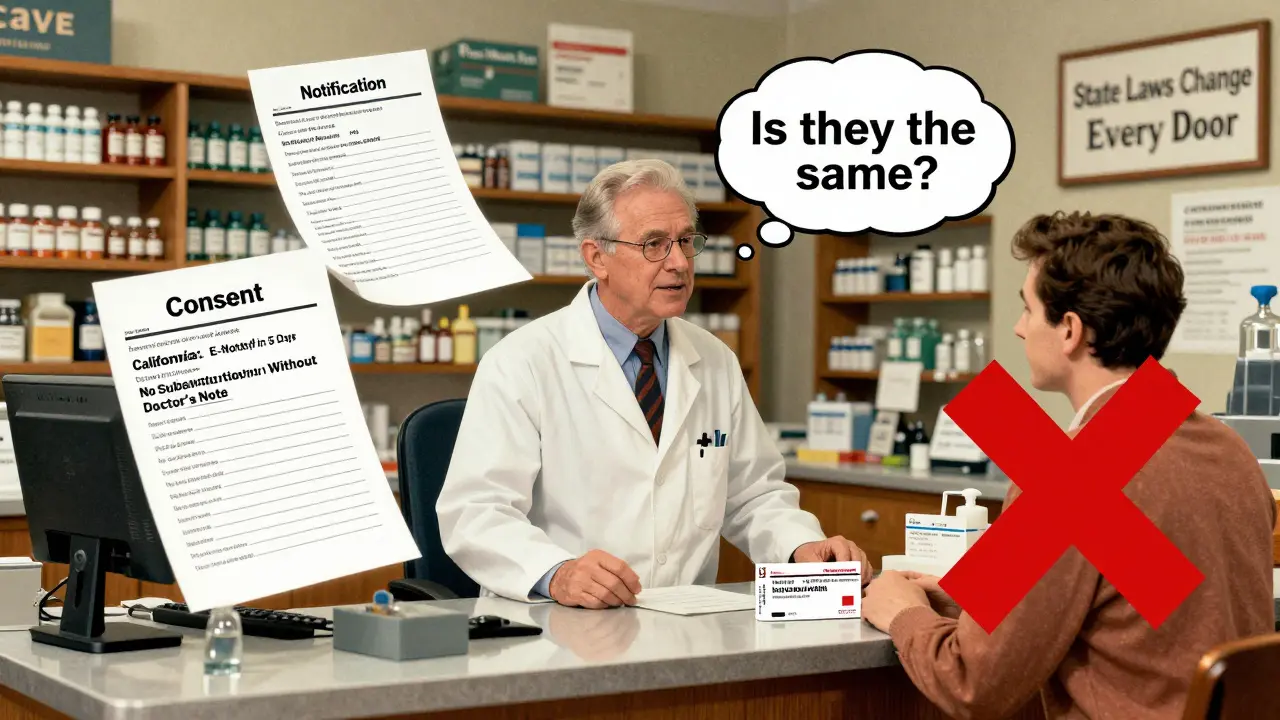 Pharmacien entouré de documents juridiques sur la substitution de médicaments, avec un patient interrogant un biosimilaire et un avertissement pour la warfarine.