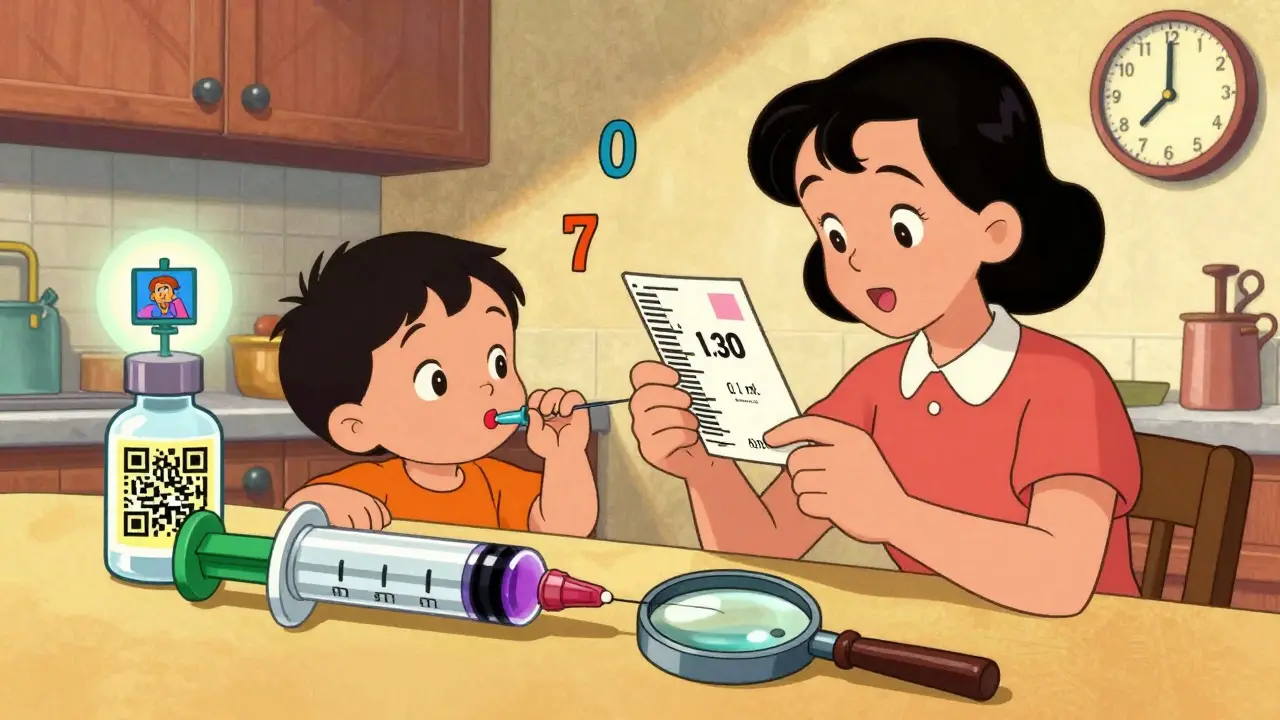 Seringue colorée pour médicaments pédiatriques avec graduations précises, posée sur un comptoir près d'une bouteille avec QR code.