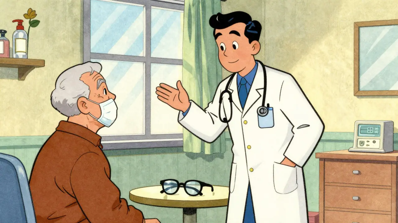 Soignant aidant un patient senior dans une chambre claire.