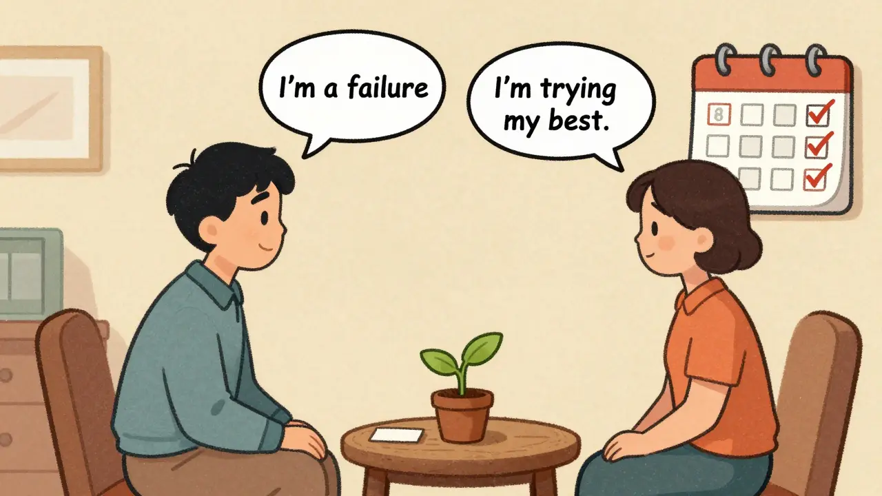 Thérapeute et patient échangeant des pensées négatives transformées en pensées positives.