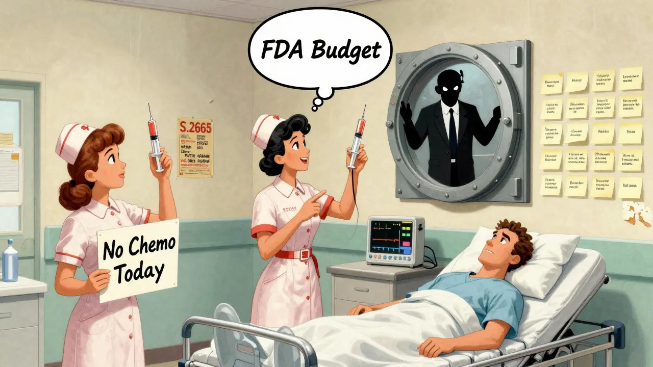 Trois infirmières dans une salle d'urgence tiennent des seringues vides, face à des étagères vides de médicaments essentiels.