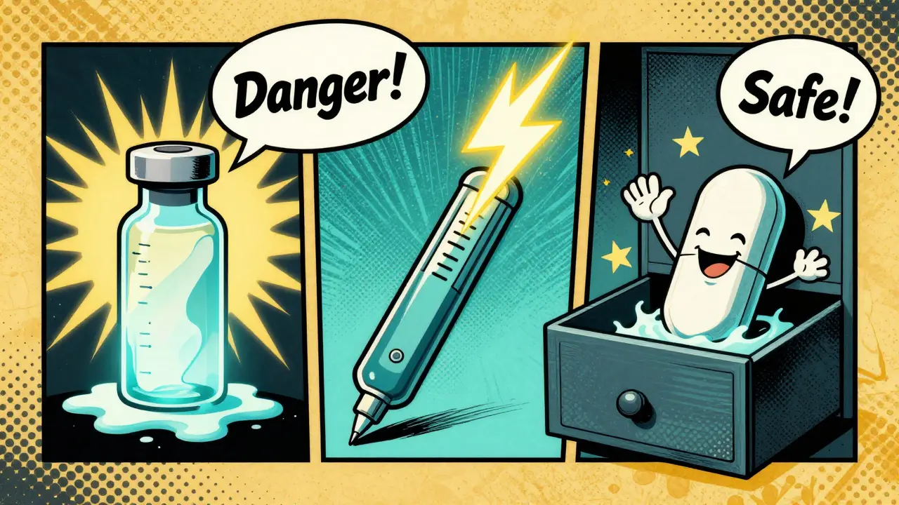 Trois médicaments : une insuline qui fond, un EpiPen qui fuit, et une aspirine en sécurité dans un tiroir.