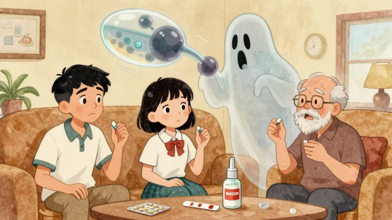 Trois personnes de différents âges tenant des pilules, tandis qu'une molécule de fentanyl en transparence les surplombe, dans un style cartoon rétro.