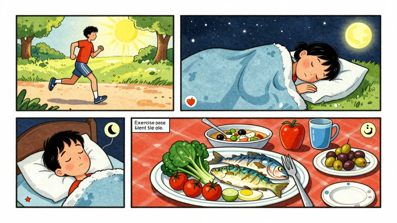 Trois scènes : une personne qui court, une autre qui dort sans écran, et une autre mange un repas méditerranéen.