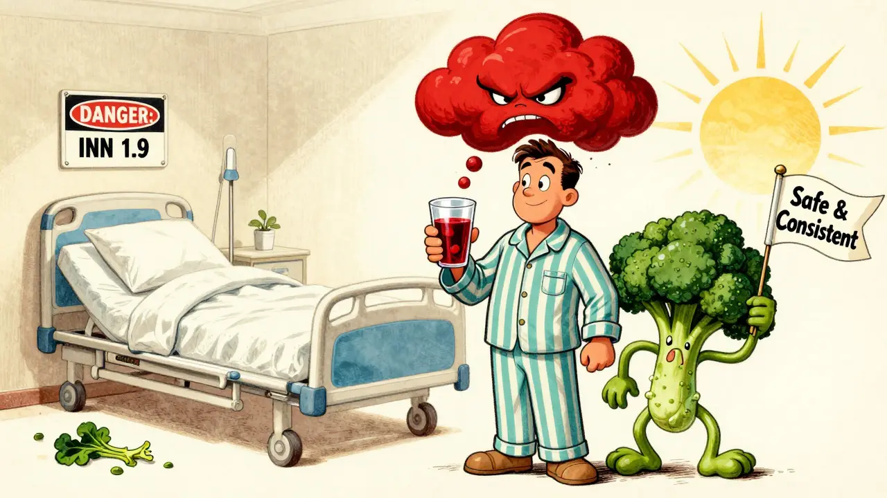 Un homme en pyjama boit du jus de canneberge, tandis qu'un brocoli lui dit de rester régulier, une hôpitalisation s'efface dans le fond.