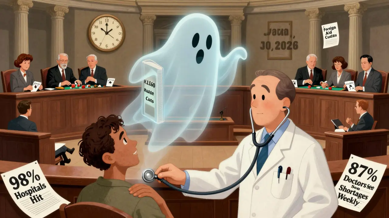 Un livre fantôme de loi flotte au-dessus d'une chambre du Congrès vide, tandis qu'un médecin écoute un patient en silence.