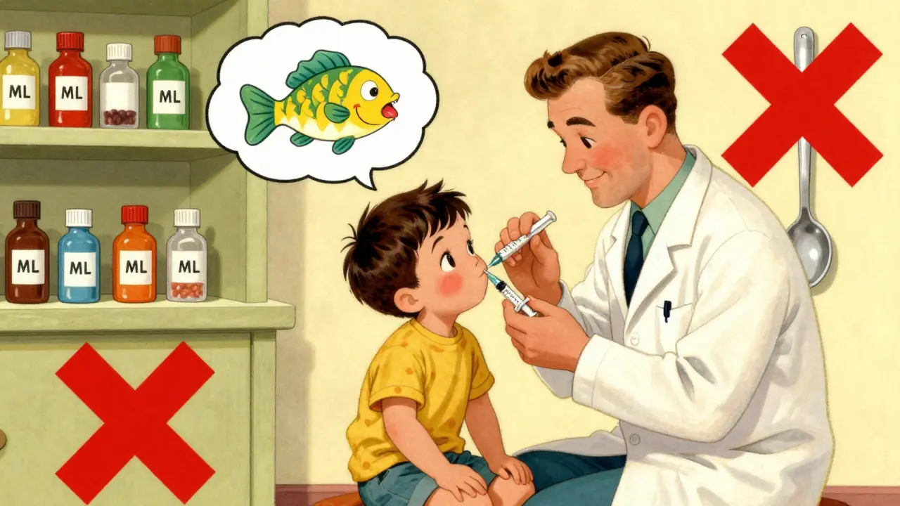Un pharmacien montre à un parent comment administrer un médicament à l'enfant en évitant la gorge, dans un style cartoon rétro.