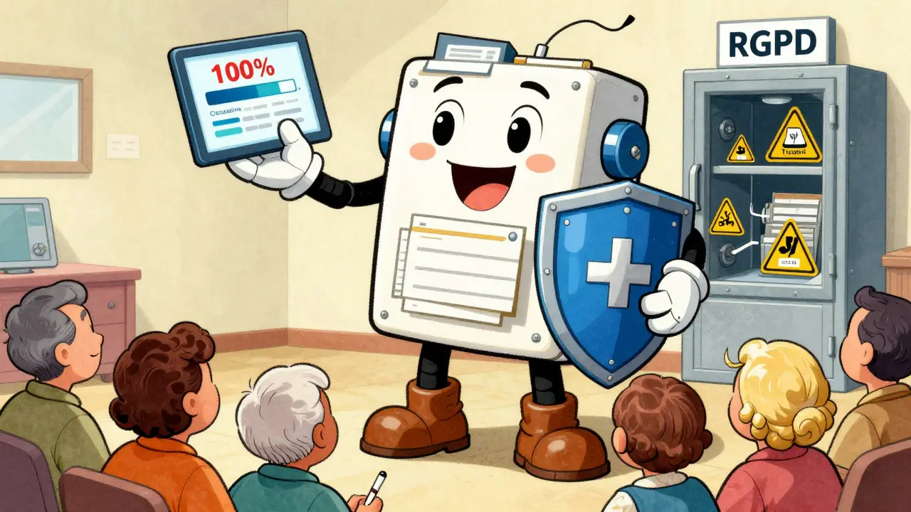 Un robot amical représentant un registre de sécurité médicale aide des patients de tous âges, en style cartoon vintage.