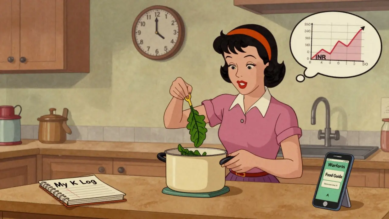 Une femme mesure des épinards avec une balance, un carnet et une appli sur téléphone, dans une cuisine avec une horloge marquant la même heure.