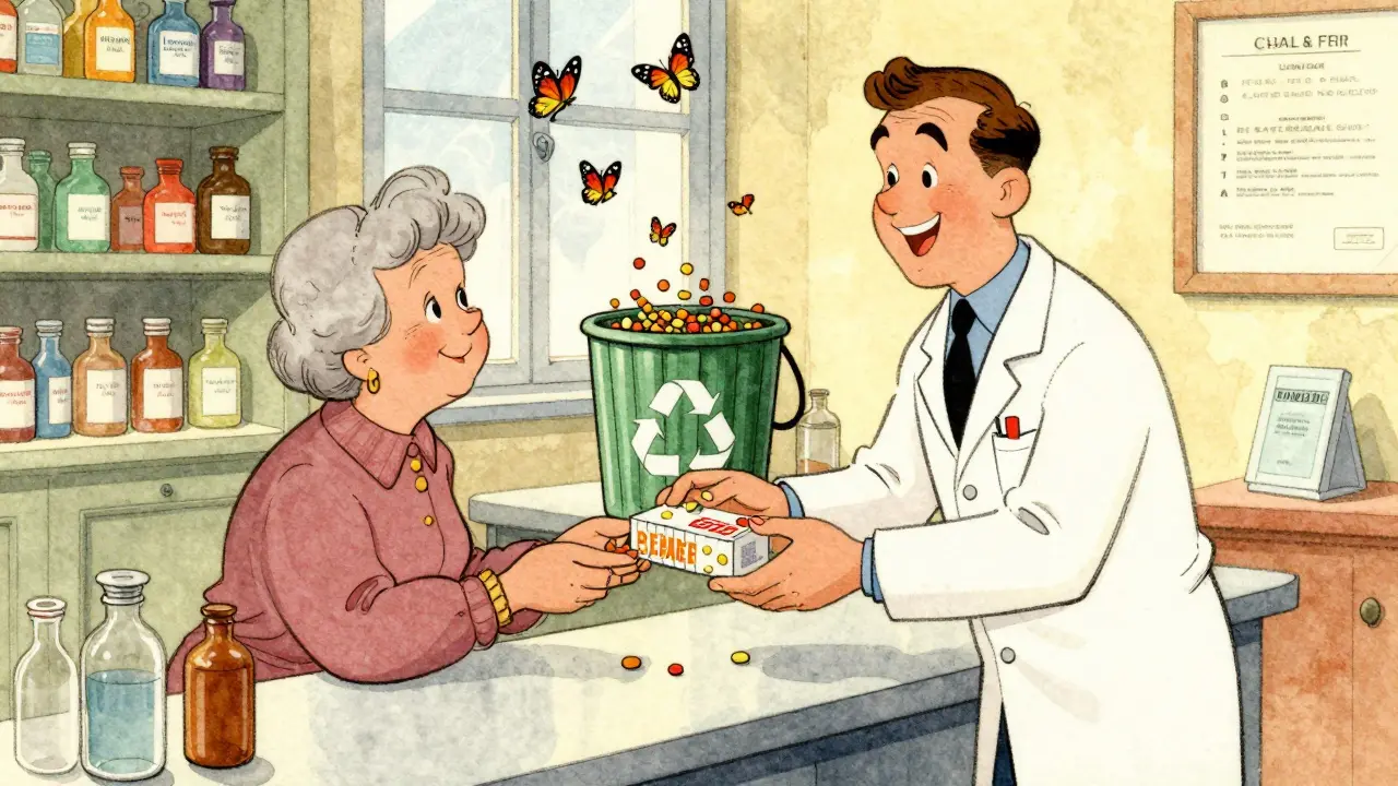 Une pharmacienne accepte des médicaments périmés dans une pharmacie française, les pilules deviennent des papillons.