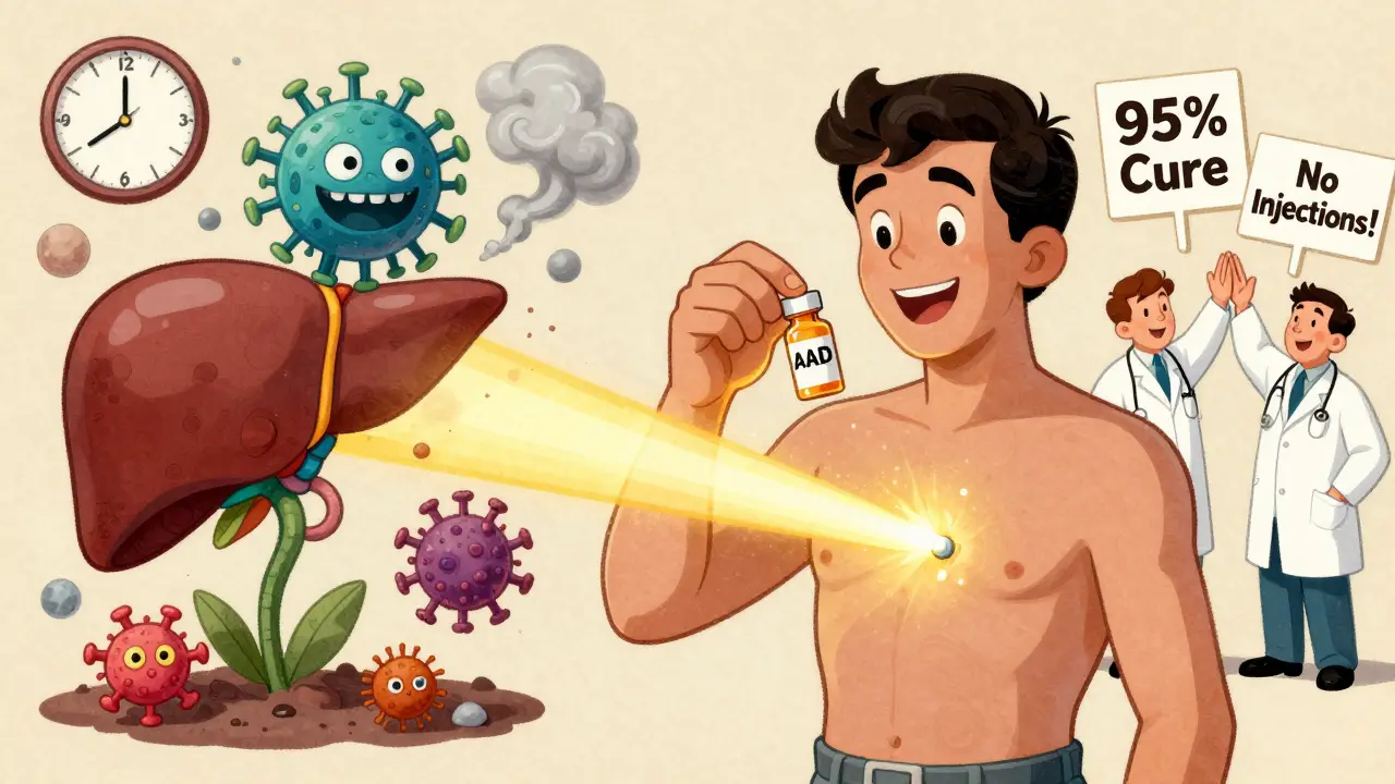 Une pilule qui détruit un virus et régénère un foie sain, illustration moderne de guérison.