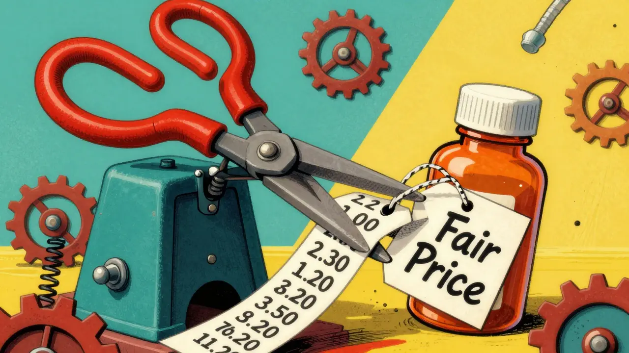 Dessin animé vintage montrant des ciseaux géants réduisant le prix d'un flacon de médicament.
