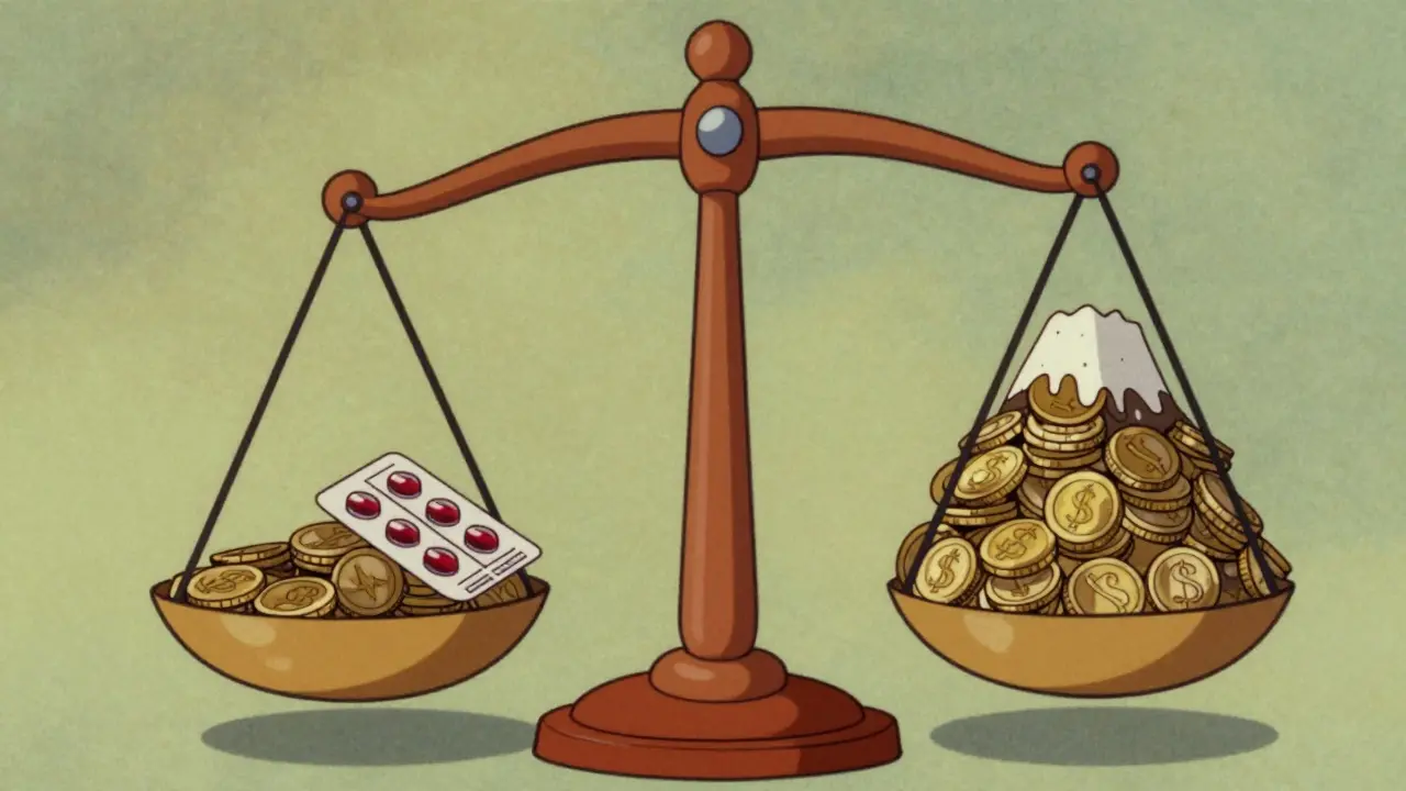 Dessin rétro montrant les économies réalisées avec la Warfarine générique sur une balance.