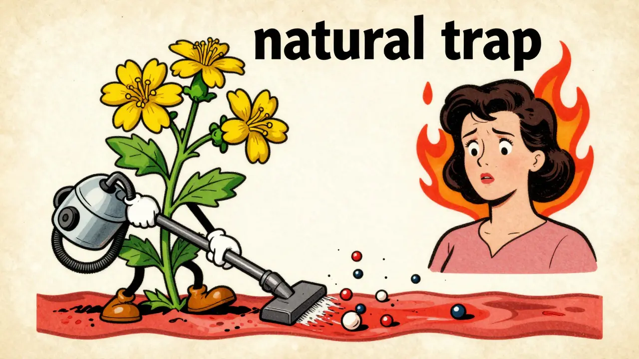 Dessin vintage montrant le Millepertuis neutralisant les hormones du THM.