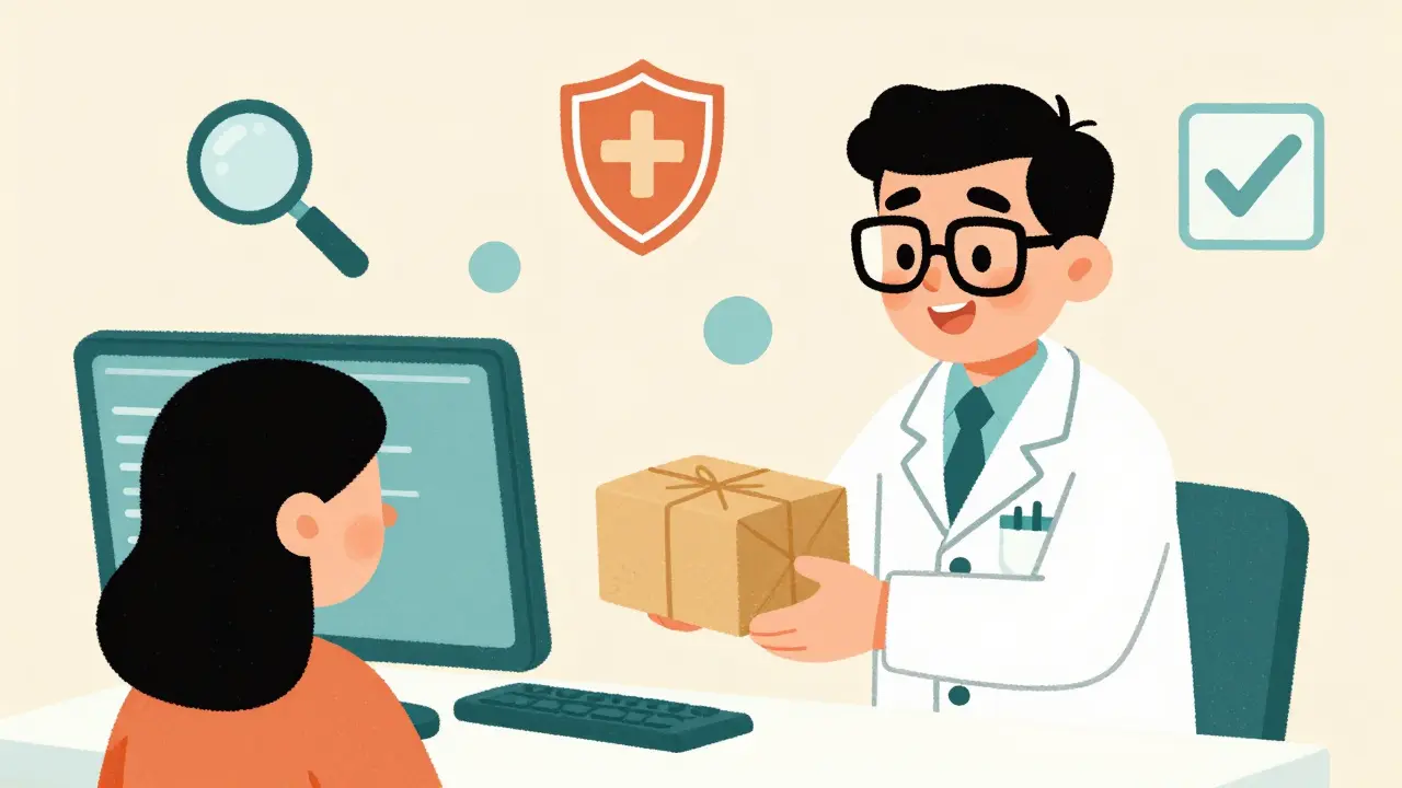 Illustration de style dessin animé d'une pharmacie en ligne sécurisée et certifiée.